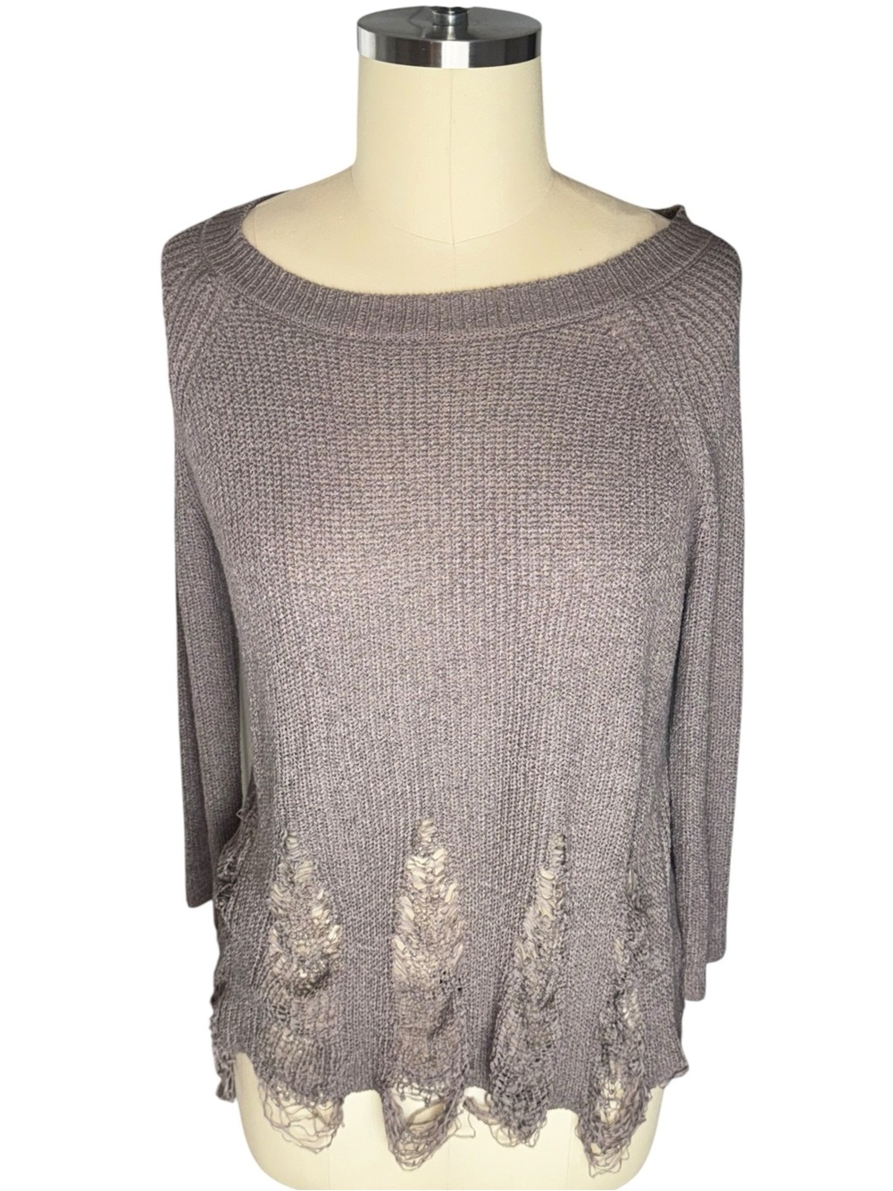 easel Taupe Distressed Scoop Neck Knit Sweater